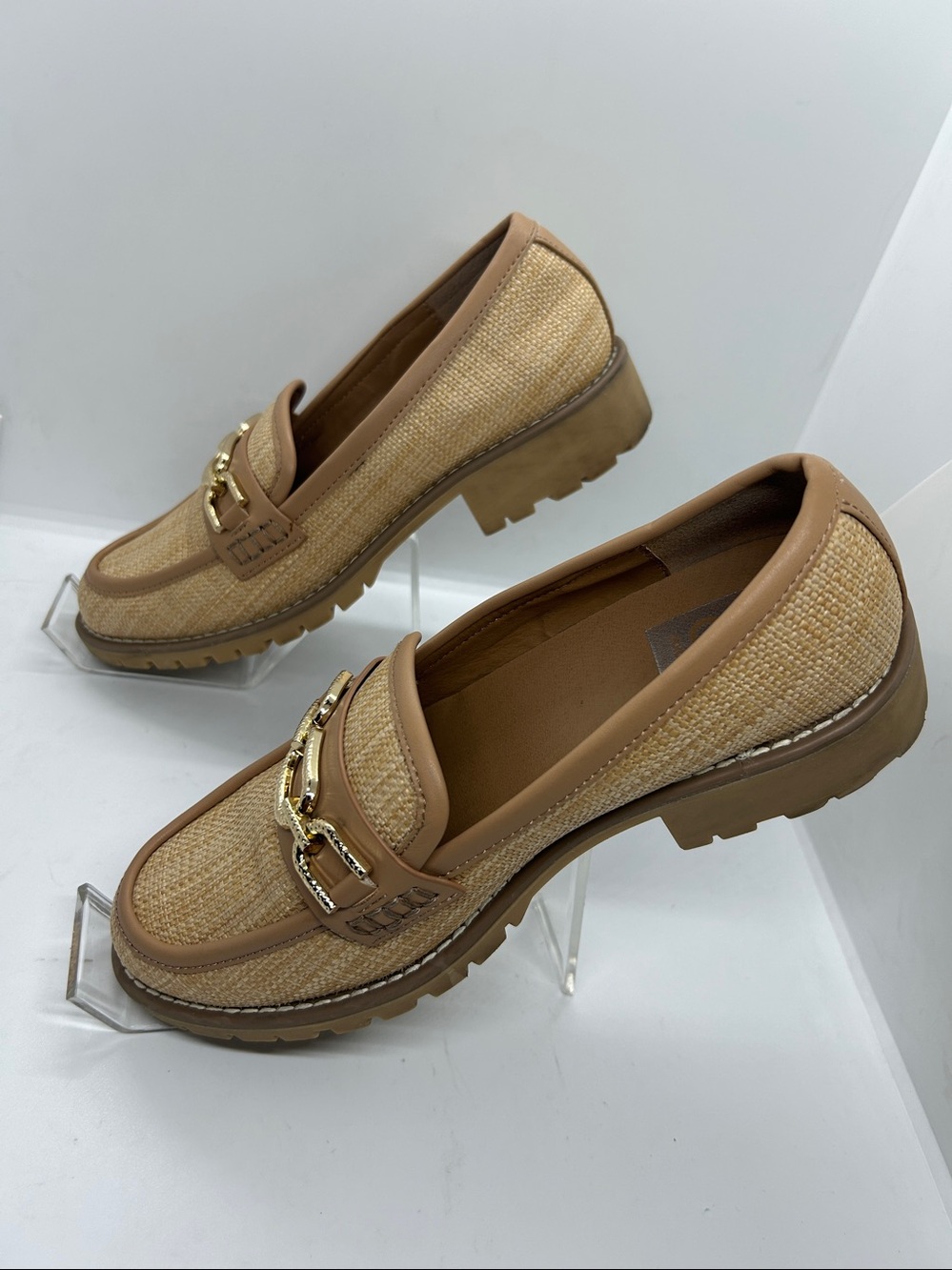 Dolce Vita Tan Raffia-Textured Loafers with Gold Chain Sz Us 7 - Picture 4 of 13